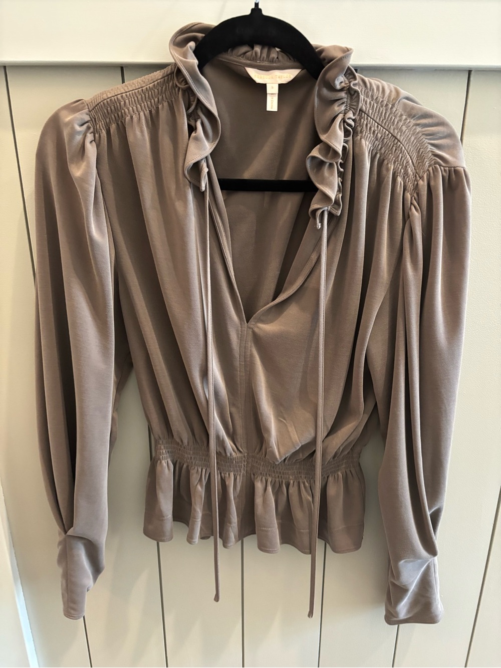 Rebecca Taylor Taupe Ruffle-Neck Tie-Front Blouse - never worn